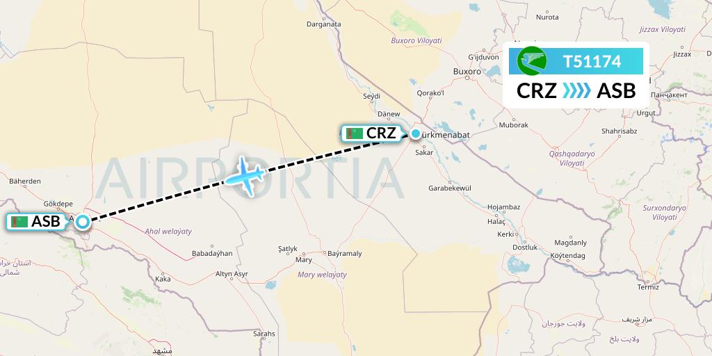 T51174 Turkmenistan Airlines Flight Map: Turkmenabat to Ashgabat