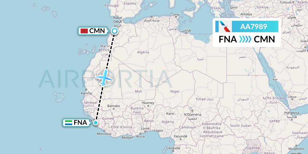 AA7989 American Airlines Flight Map: Freetown to Casablanca