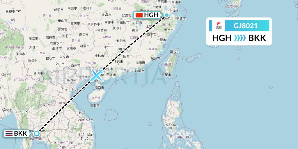 GJ8021 Loong Airlines Flight Map: Hangzhou to Bangkok