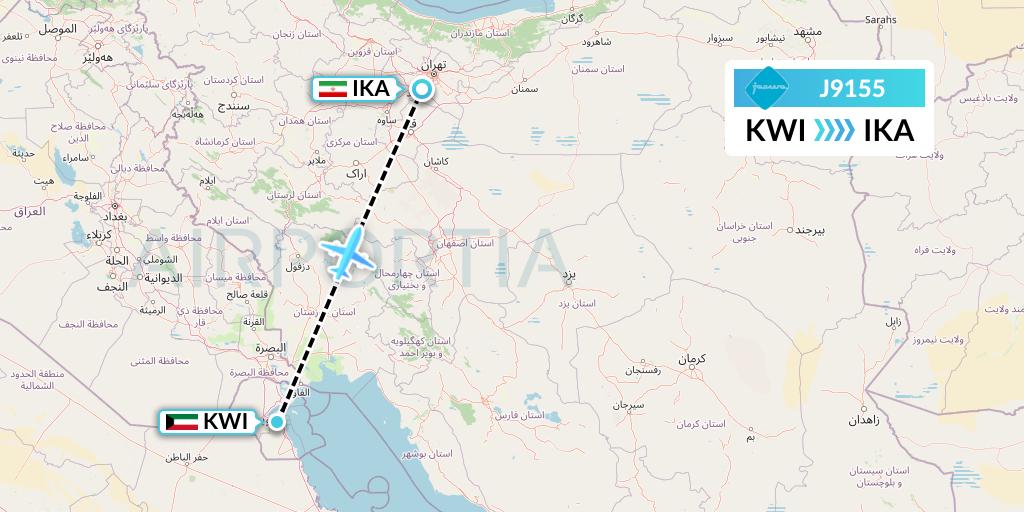 J9155 Jazeera Airways Flight Map: Kuwait City to Tehran