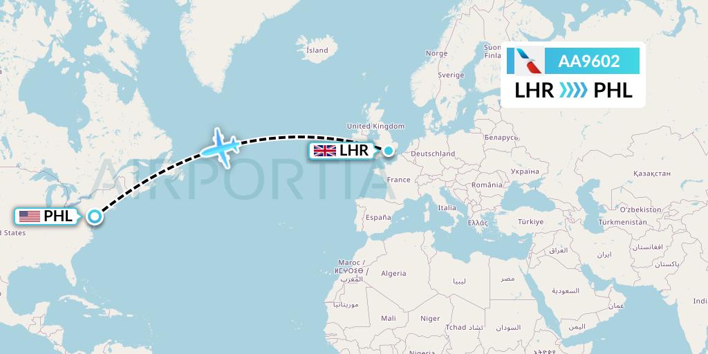 AA9602 American Airlines Flight Map: London to Philadelphia