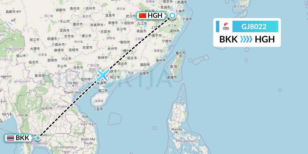 GJ8022 Loong Airlines Flight Map: Bangkok to Hangzhou