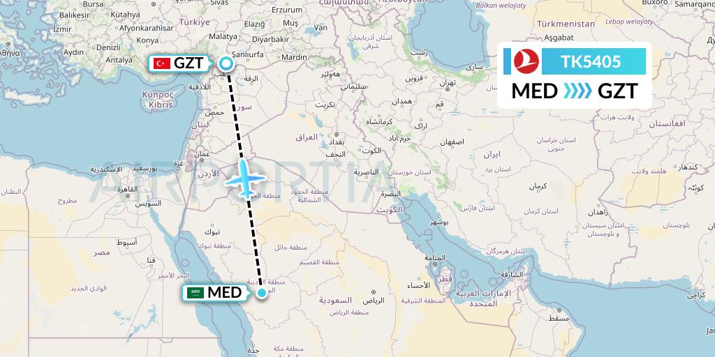 TK5405 Turkish Airlines Flight Map: Medina to Gaziantep