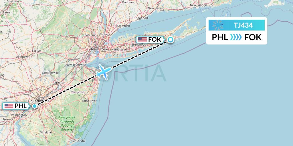 TJ434 Tradewind Aviation Flight Map: Philadelphia to Westhampton Beach