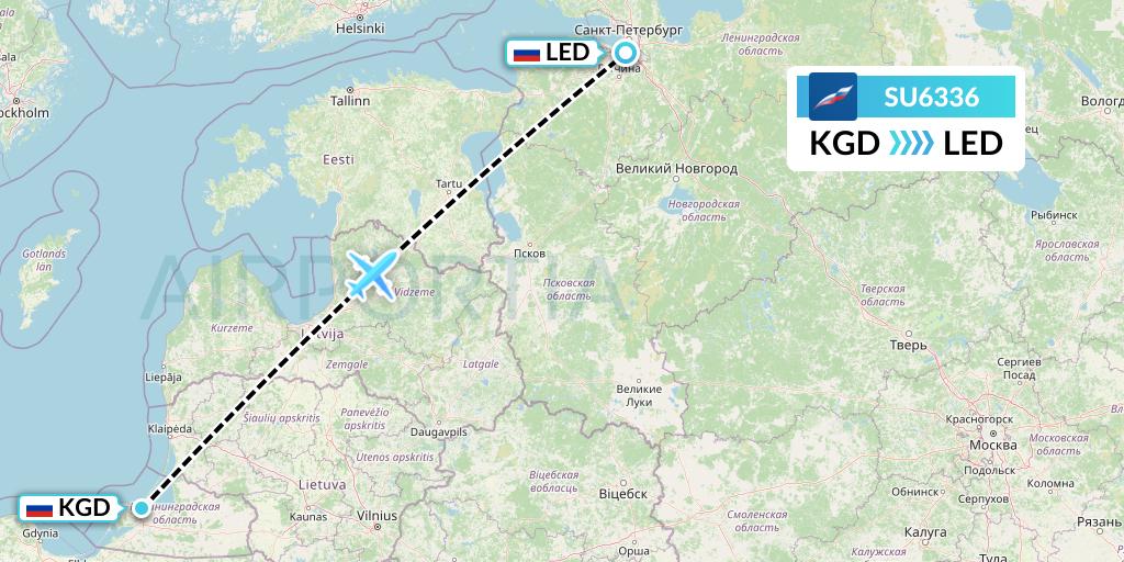 SU6336 Aeroflot Flight Map: Kaliningrad to St. Petersburg
