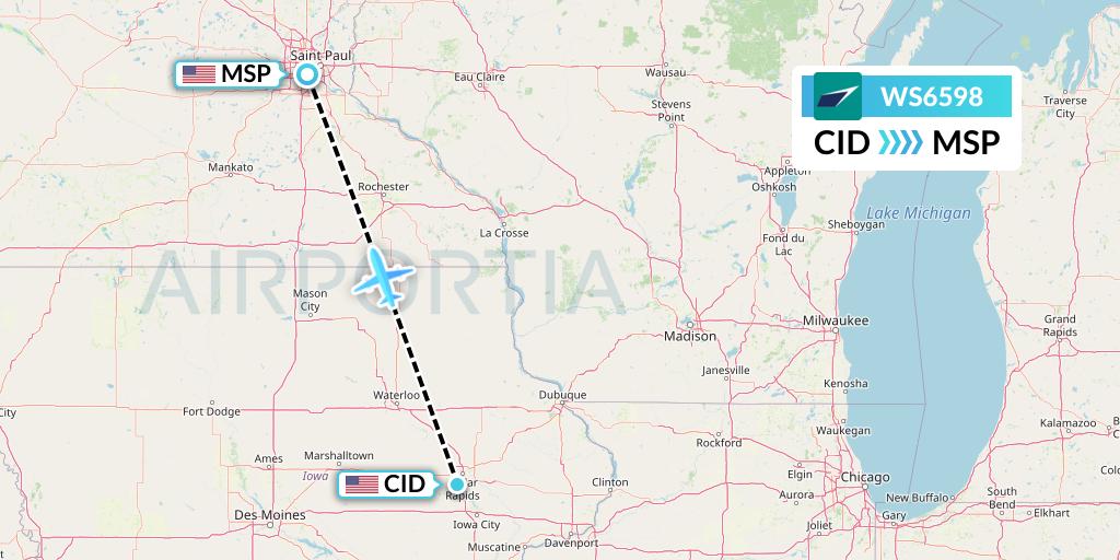WS6598 WestJet Flight Map: Cedar Rapids to Minneapolis