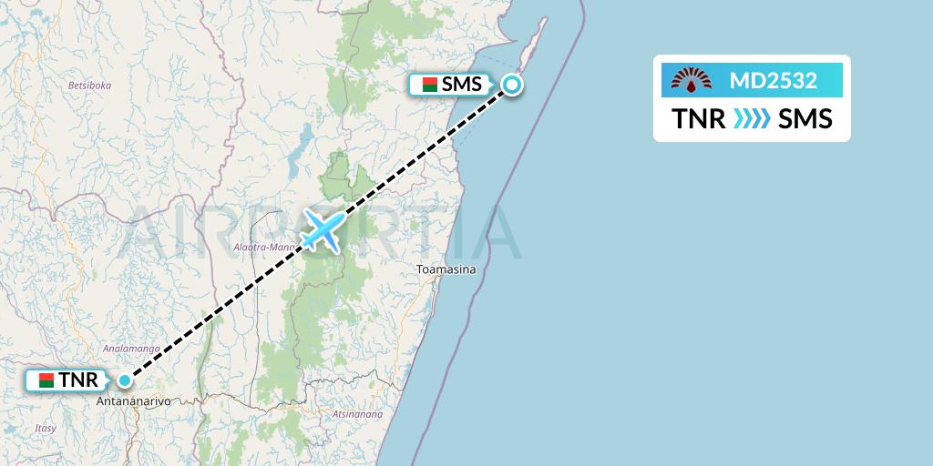 MD2532 Air Madagascar Flight Map: Antananarivo to Saint Marie
