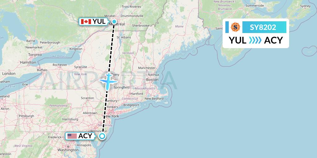 SY8202 Sun Country Airlines Flight Map: Montreal to Atlantic City