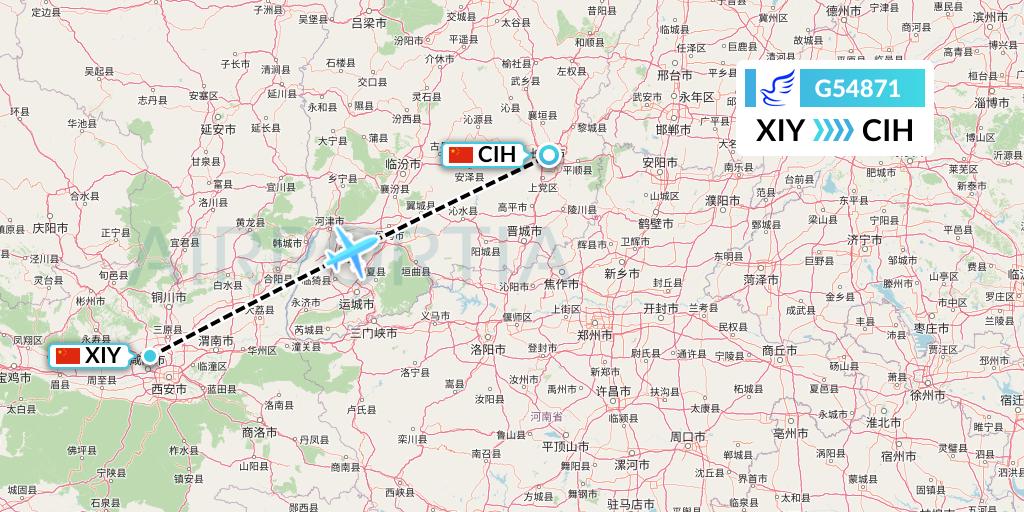 G54871 China Express Airlines Flight Map: Xi'an to Changzhi