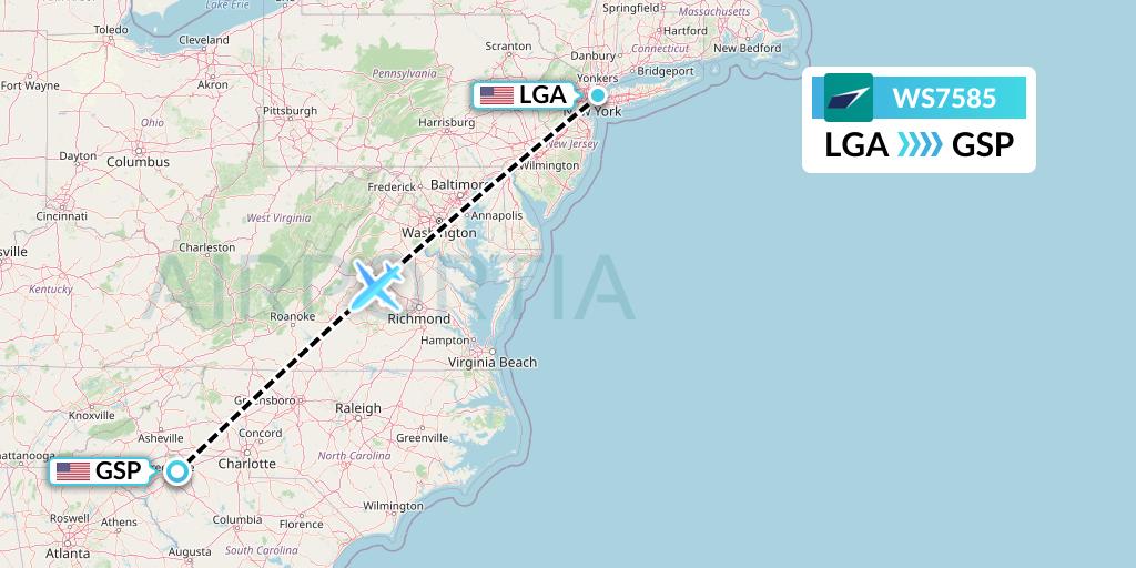 WS7585 WestJet Flight Map: New York to Greenville-Spartanburg