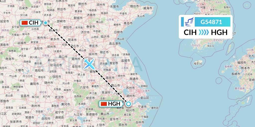 G54871 China Express Airlines Flight Map: Changzhi to Hangzhou