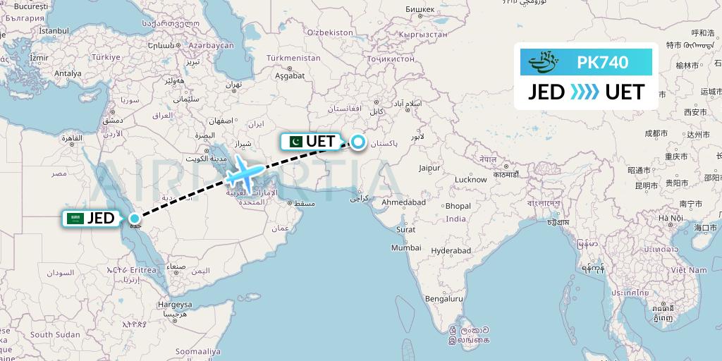 PK740 Pakistan International Airlines Flight Map: Jeddah to Quetta