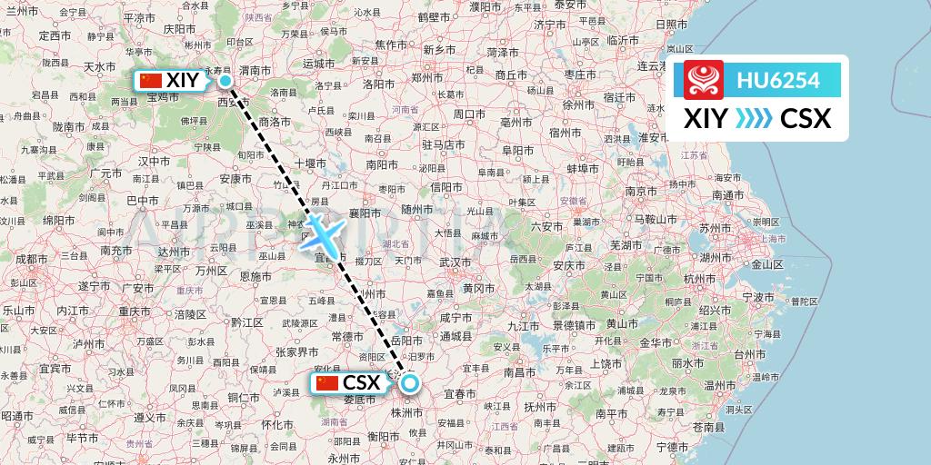 HU6254 Hainan Airlines Flight Map: Xi'an to Changsha