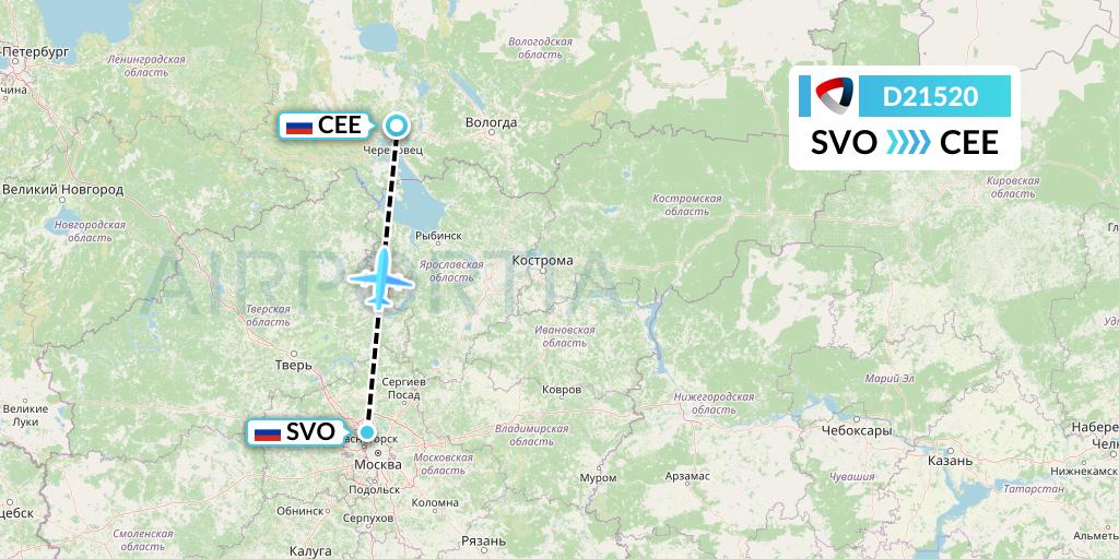 D21520 Severstal Aircompany Flight Map: Moscow to Cherepovets