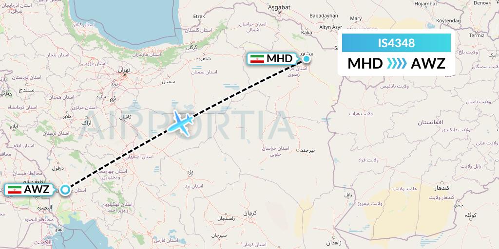 IS4348 Sepehran Airlines Flight Map: Mashhad to Ahvaz