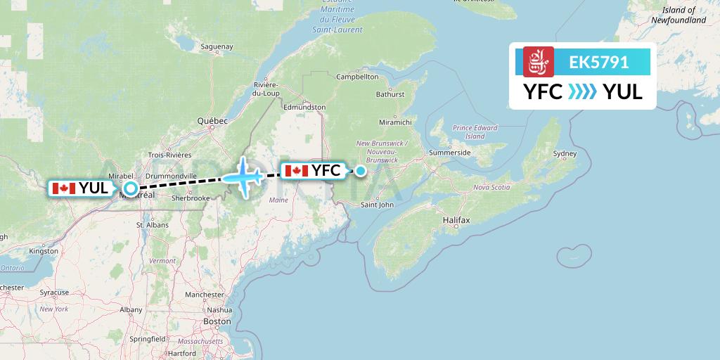 EK5791 Emirates Flight Map: Fredericton to Montreal