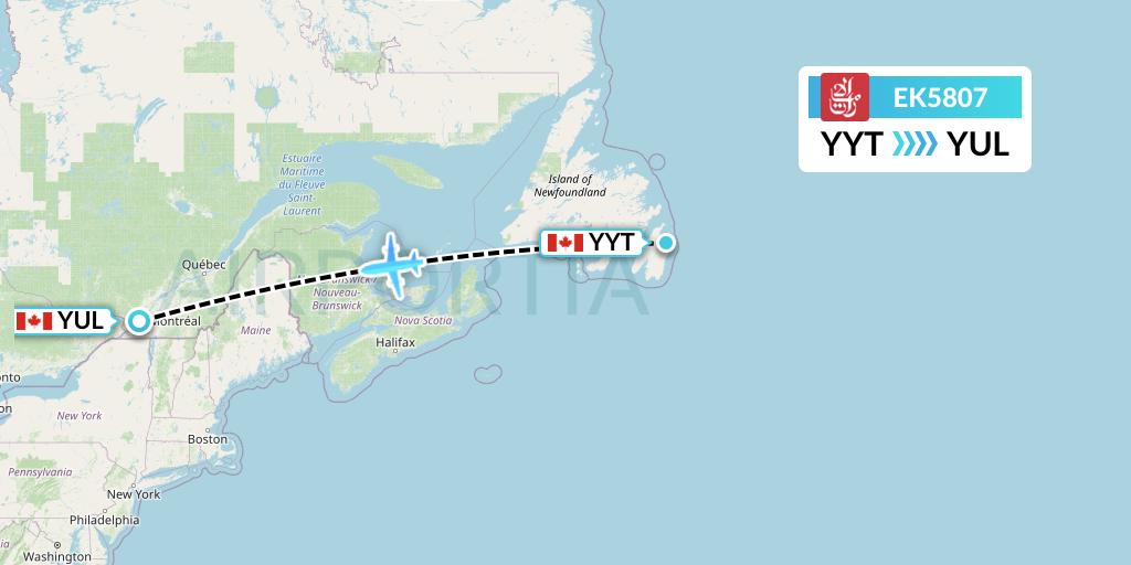 EK5807 Emirates Flight Map: St. John's to Montreal