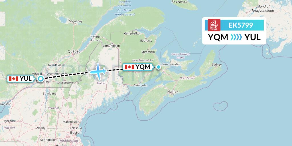 EK5799 Emirates Flight Map: Moncton to Montreal