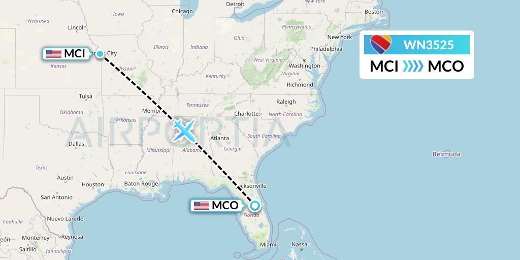 WN3525 Southwest Airlines Flight Map: Kansas City to Orlando