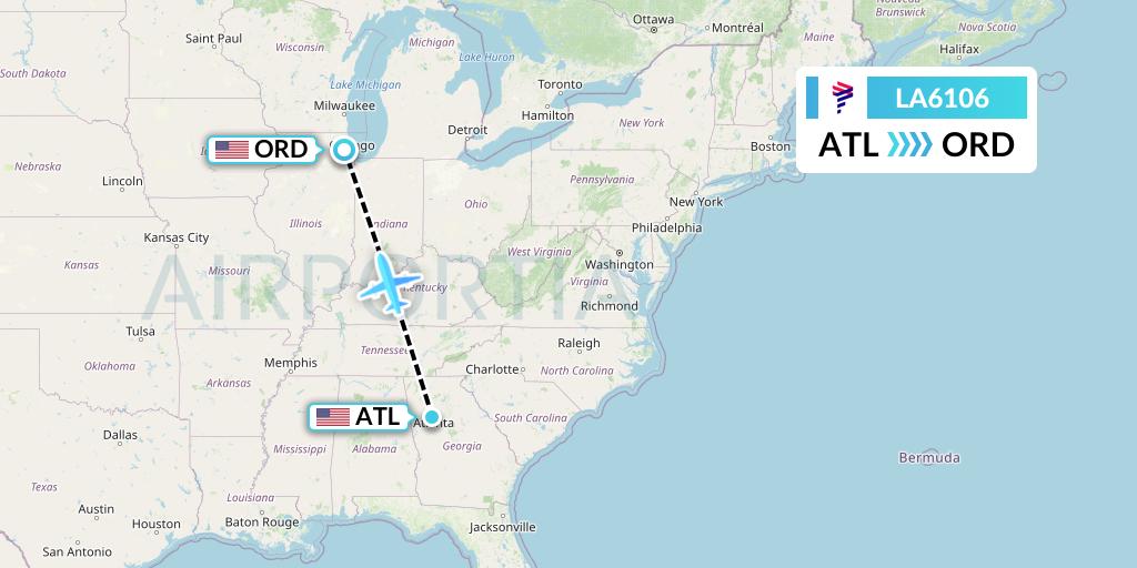 LA6106 LAN Airlines Flight Map: Atlanta to Chicago