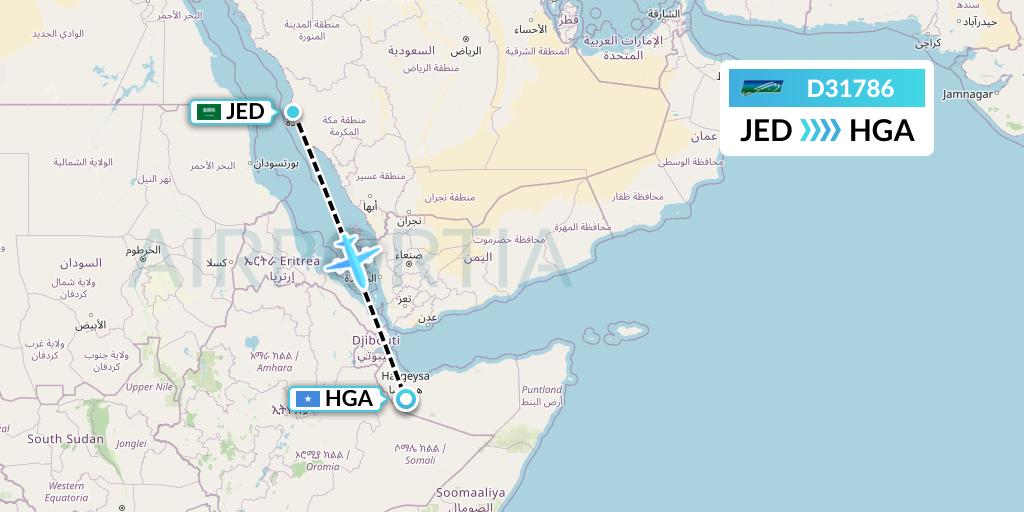 D31786 Daallo Airlines Flight Map: Jeddah to Hargeisa