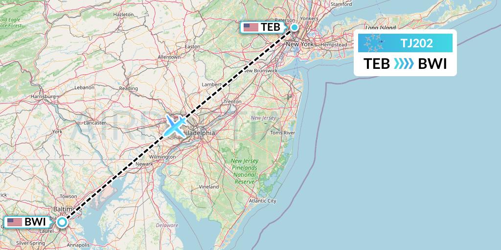 TJ202 Tradewind Aviation Flight Map: Teterboro to Baltimore