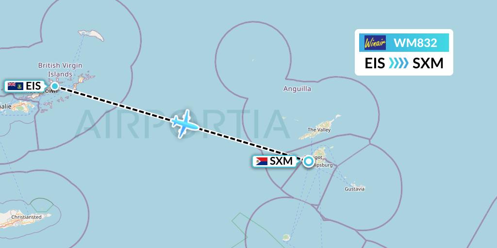 WM832 Winair Flight Map: Beef Island to Sint Maarten