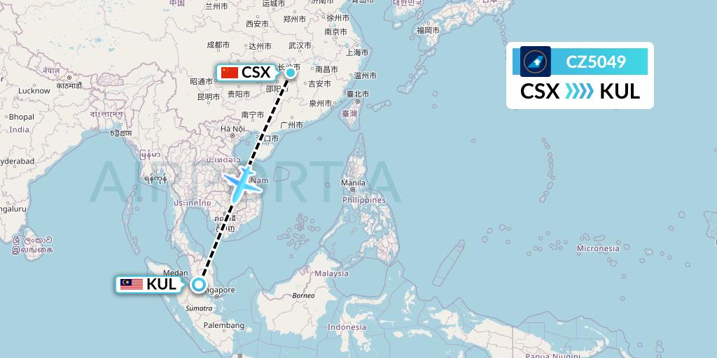 CZ5049 China Southern Airlines Flight Map: Changsha to Kuala Lumpur