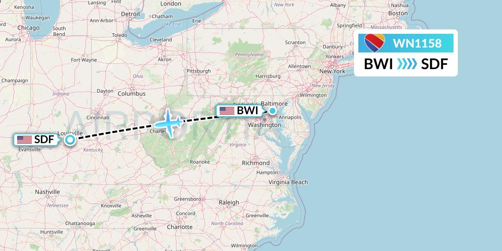 WN1158 Southwest Airlines Flight Map: Baltimore to Louisville