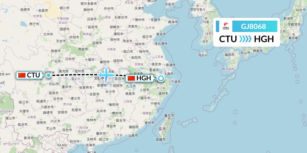 GJ8068 Loong Airlines Flight Map: Chengdu to Hangzhou
