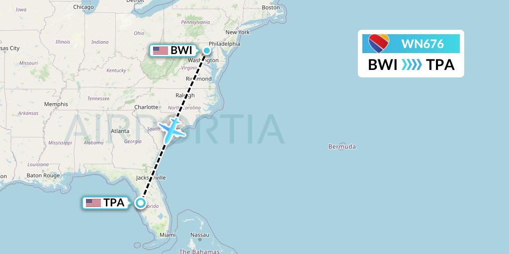 WN676 Southwest Airlines Flight Map: Baltimore to Tampa