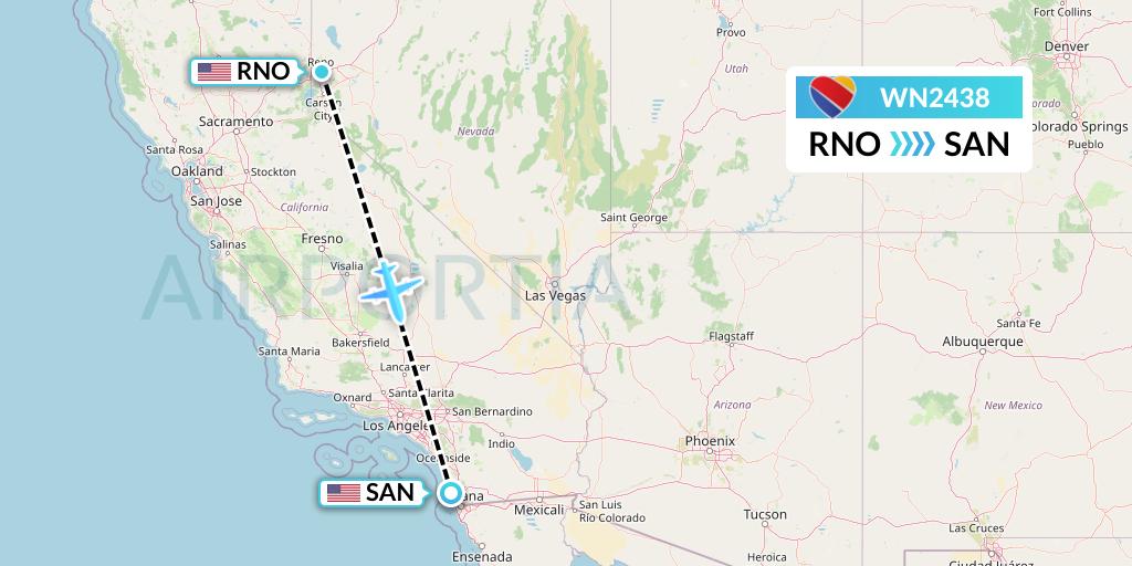 WN2438 Southwest Airlines Flight Map: Reno to San Diego