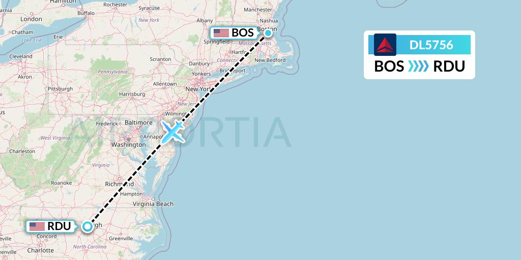 DL5756 Delta Air Lines Flight Map: Boston to Raleigh-Durham