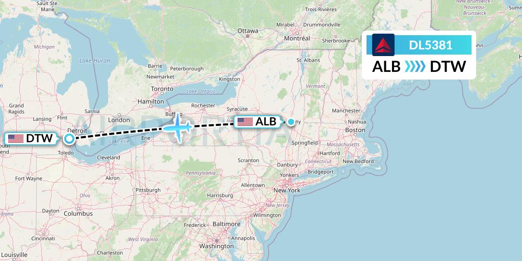 DL5381 Delta Air Lines Flight Map: Albany to Detroit