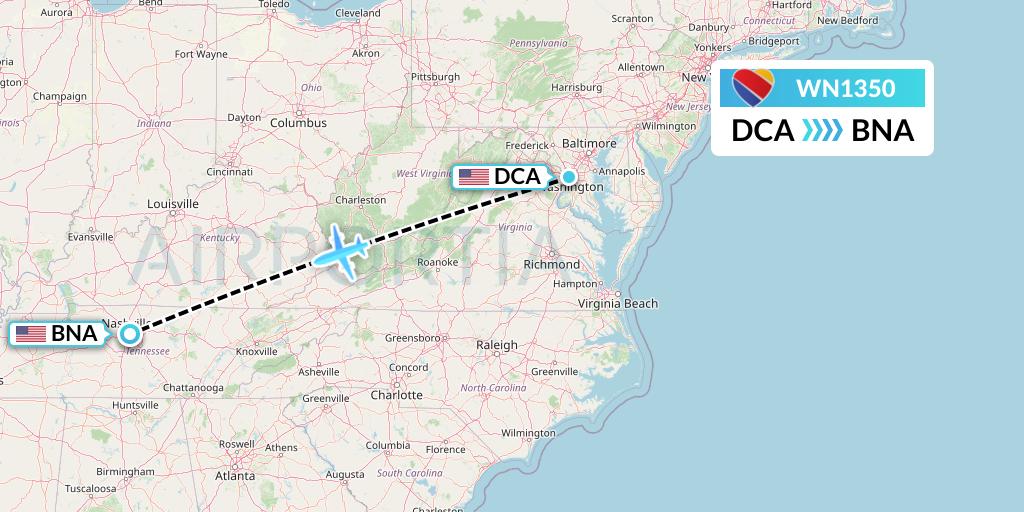 WN1350 Southwest Airlines Flight Map: Washington to Nashville