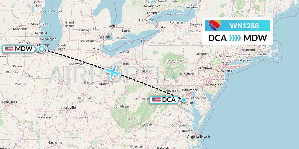 WN1288 Southwest Airlines Flight Map: Washington to Chicago