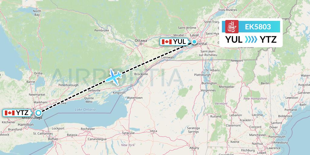 EK5803 Emirates Flight Map: Montreal to Toronto