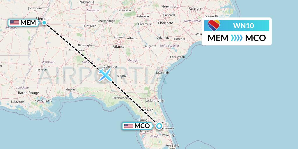 WN10 Southwest Airlines Flight Map: Memphis to Orlando