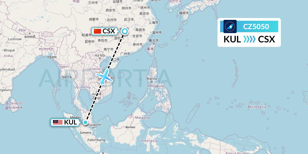CZ5050 China Southern Airlines Flight Map: Kuala Lumpur to Changsha