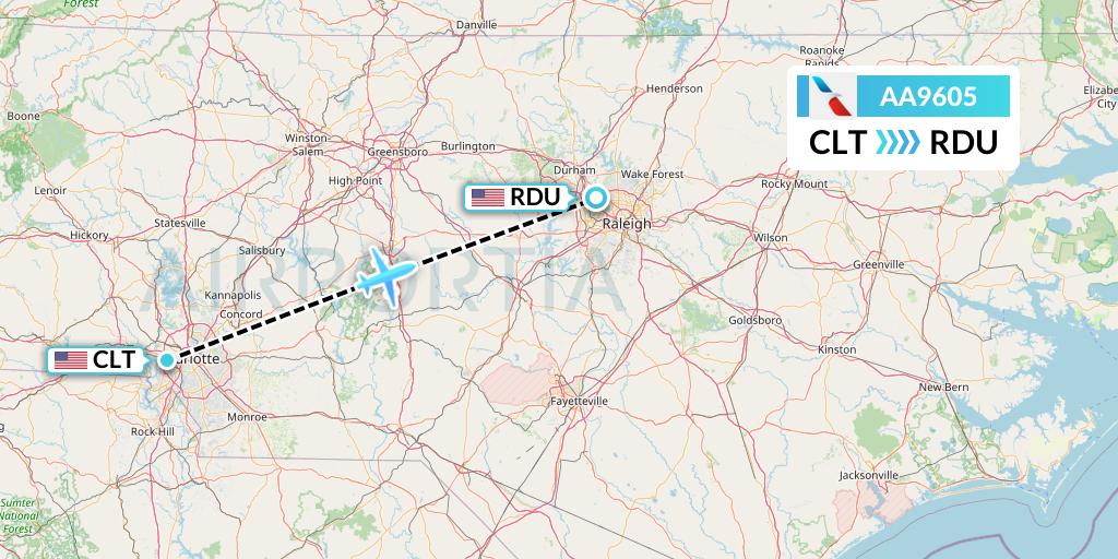 AA9605 American Airlines Flight Map: Charlotte to Raleigh-Durham