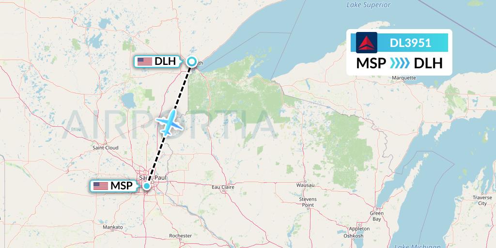 DL3951 Delta Air Lines Flight Map: Minneapolis to Duluth
