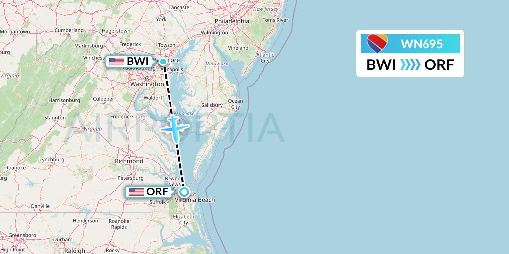 WN695 Southwest Airlines Flight Map: Baltimore to Norfolk