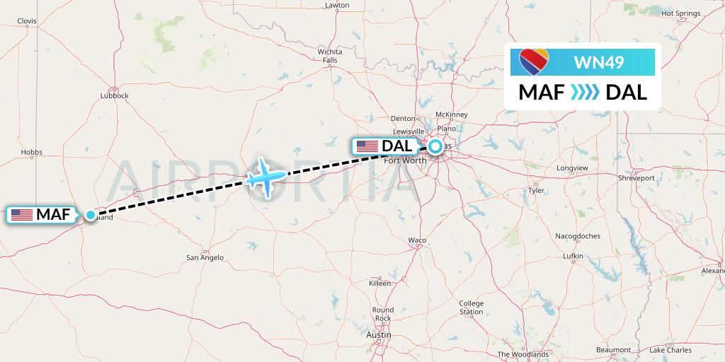 WN49 Southwest Airlines Flight Map: Midland to Dallas