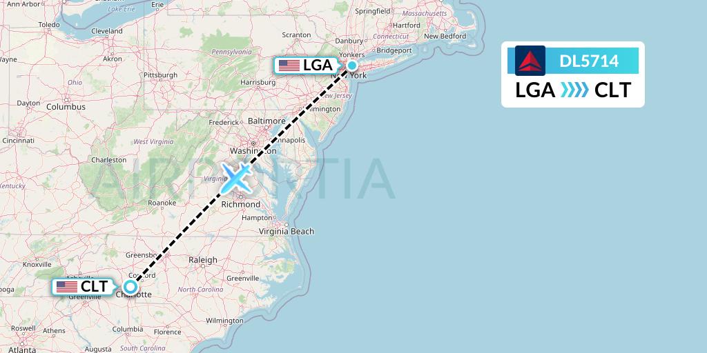 DL5714 Delta Air Lines Flight Map: New York to Charlotte