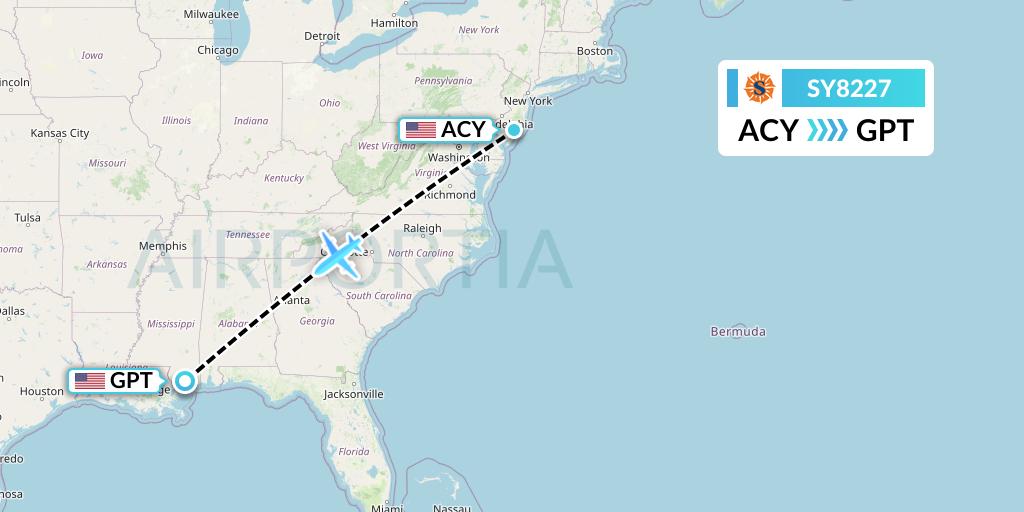 SY8227 Sun Country Airlines Flight Map: Atlantic City to Gulfport
