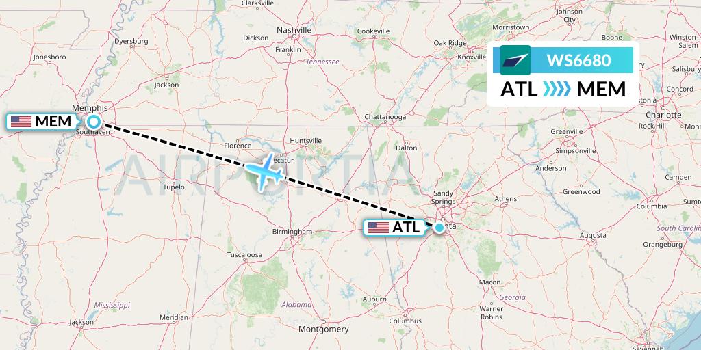 WS6680 WestJet Flight Map: Atlanta to Memphis