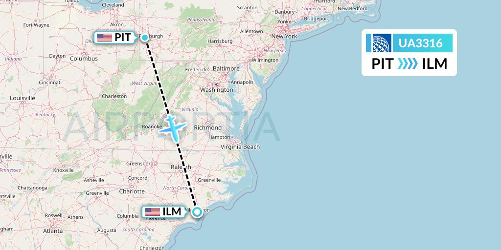 UA3316 United Airlines Flight Map: Pittsburgh to Wilmington