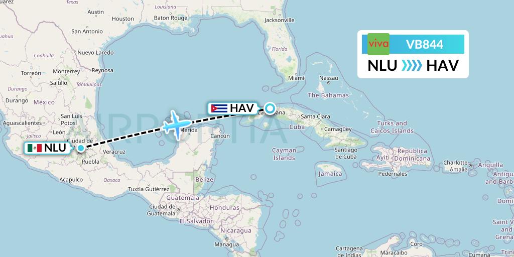 VB844 VivaAerobus Flight Map: Reyes Acozac to Havana