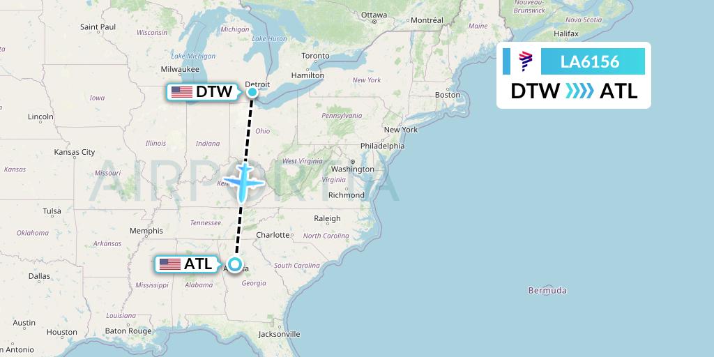 LA6156 LAN Airlines Flight Map: Detroit to Atlanta