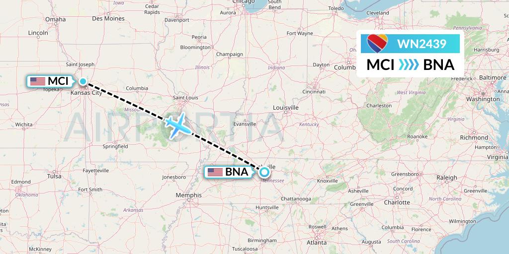 WN2439 Southwest Airlines Flight Map: Kansas City to Nashville